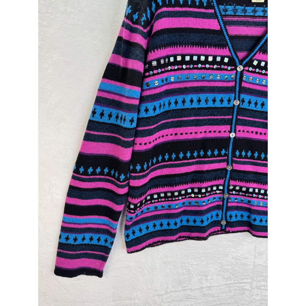 St Johns Bay Vintage Cardigan Sweater XL Pink Blue Sequin Beaded Lambswool Blend - Picture 5 of 8
